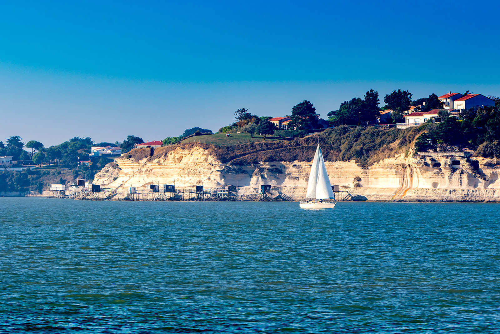 Sailboat in front of the cliffs of Meschers-sur-Gironde
